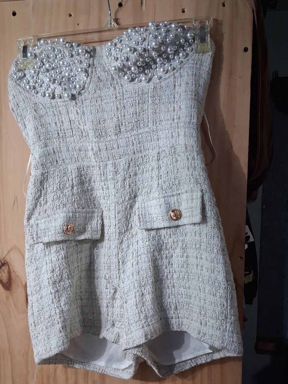 Strapless Pearl-Embellished Cream Tweed Romper Dress